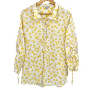 John Mark Women's XL Yellow Polka Dot Linen Roll Tab‎ Sleeve Shirt Cottagecore